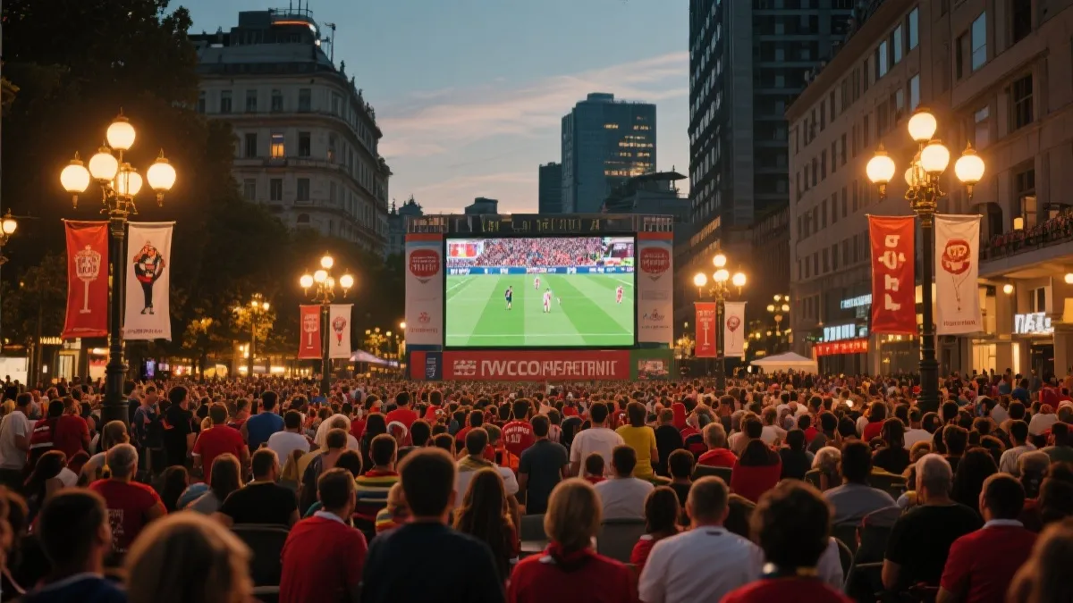 北美城市街区的赛前庆祝场景，旗帜与灯光、球迷在广场聚集观看大屏